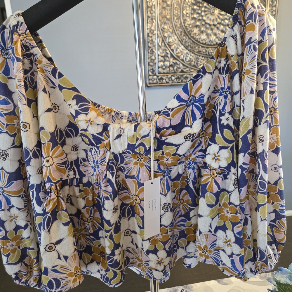 Chic Floral Off-Shoulder Blouse in Blue, Yellow, and White